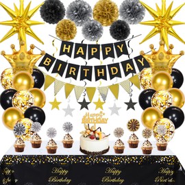 Black And Gold Birthday Decorations For Men, Happy Birthday Decorations, Gold Pentagram Swirl Decoration Hanging From Exploding Star Balloons, Black Banner For Aad Birthday Party Decorations