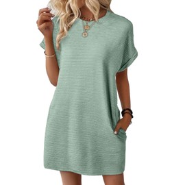 EVALESS Womens Summer Dresses 2025 Fashion Short Sleeve Cute Spring Mini Dress Crewneck Solid Casual Beach Vacation Clothes Tshirt Dresses with Pockets Grass Green Medium