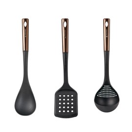 Bergner Copper Set di 3 Utensili da cucina: Spatola scanalata, Cucchiaio e Mestolo in PBT nero e rame