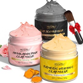 Clay Mask Kit, Turmeric Vitamin C Clay Mask, Dead Sea Mud Mask, Himalayan Clay Mask, Face Masks Set Skincare for Deep Cleansing Refining Pores, Reduce Blackheads Acne & Dark Spots, Oil Control, 3x80g