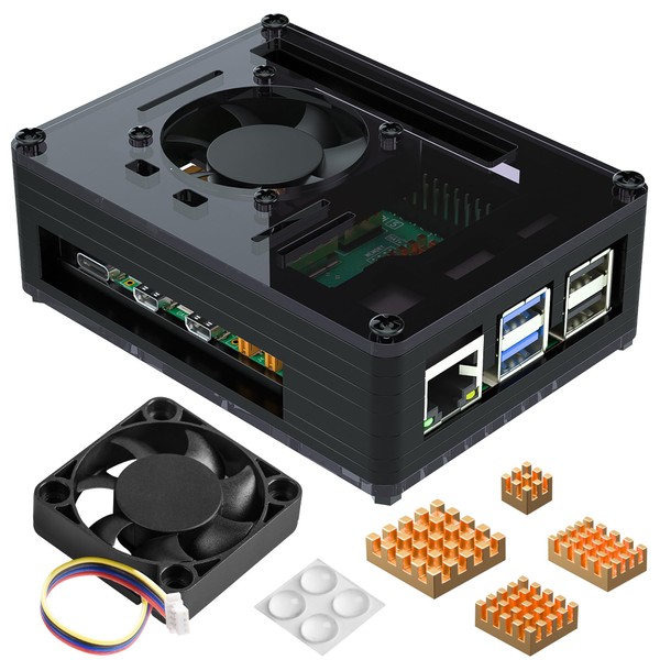 Miuzei Case for Raspberry Pi 5 with Fan Cooling and 4 Pcs Copper Heatsinks Acrylic Case for Pi 5B Model B 8GB/4GB