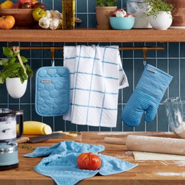 KitchenAid - Manopla de algodón Acolchado para Horno, Resistente al Calor, 16 x 26 Pulgadas, 7 x 13 Pulgadas y 7 x 10 Pulgadas, Terciopelo Azul