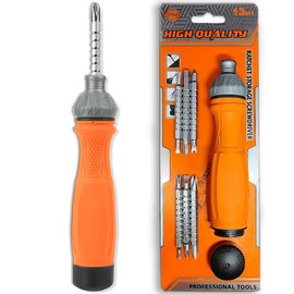 13-in-1 Ratcheting Screwdriver & Wrench, 6 Double-Ended - Phillips, Slotted, U-Type/Triangle Bits, Hex Key & 1/4-Inch Nut Driver (Yellow)