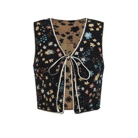 SweatyRocks Women's Floral Print V Neck Vest Tie Front Sleeveless Boho Vests Tops Black Small