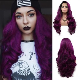 Angle Lucky Dark Purple Lace Front Wig Long Wavy Ombre Purple with Black Root Side Part Wig Synthetic Natural Hairline Wig Heat Resistant Fiber Daily Makeup Wig for Women 24 Inches