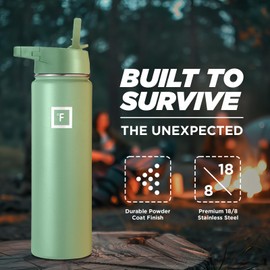 IRON °FLASK Camping & Hiking Hydration Flask, Wide Mouth, 3 Straw Lids, Stainless Steel Outdoor Water Bottle, Double Walled, Insulated Thermos, Metal Canteen - Sage, 22 Oz