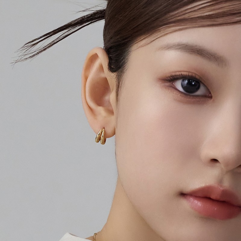 Gold&Deer 14K Goldfield Simple Two-Ring Two-Line One-Touch Earrings Rose Gold