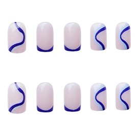 YoYoee Short Square Press on Nails French False Nails Acrylic Full Cover Glossy Fake Nails Blue Swirl Tips for Women and Girls 24PCS
