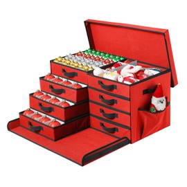 Peyulia Christmas Ornament Storage Box,Stackable Ornament Organizer with Lid and Pockets, Side Open,8 Drawer Trays,128-3" Holiday Ornament Container with Removable Trays and Adjustable Dividers,Red