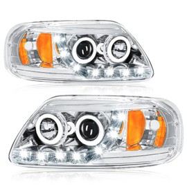 Fullux Headlights for 1997-2004 Ford F150 / 1997-1999 F250 / 1997-2002 Expedition Replacements Headlamp Chrome Housing Amber Reflector