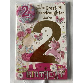 "Express Yourself" Birthday Card for Great Granddaughter Age 2 - Envelope and Badge Included - Animated Design with Little Girl and Unicorn Design