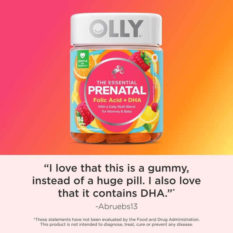 OLLY Essential Prenatal Gummy Multivitamin, Folic Acid, Vitamin D, Omega