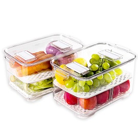 elabo Food Storage Containers Fridge Produce Saver- Stackable Refrigerator Organizer Keeper Drawers Bins Baskets with Lids and Removable Drain Tray for Veggie, Berry and Fruits, 2 Large