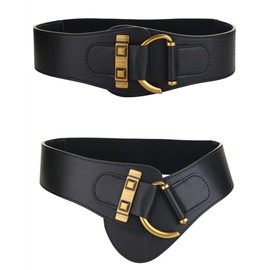 Toptim Womens Elastic Waist Belt Vintage Leather Wide Waistband (Black, 25-33.5")