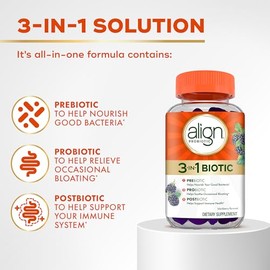 Align Probiotic, 3-in-1 Biotic Gummies, Prebiotic + Probiotic + Postbiotic, #1 Doctor Recommended Probiotic Brand‡, Helps Relieve Occasional Bloating*