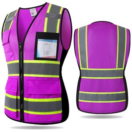 Kazsaifo - Safety Reflective Vest for Men and Women, High Visibility Construction Vest with Pockets, Meets ANSI/ISEA Standards, Purple-w, CH