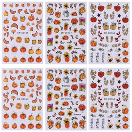 6 Sheets Fall Nail Art Stickers 3D Self Adhesive Autumn Pumpkins Fallen Leaves Nail Design Fall Sunflower Nail Decals Thanksgiving Theme Nail Stickers Nail Art Supplies for Women Manicure Decoration