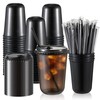 100 Set 16 oz Black Plastic Cups with Lids and
