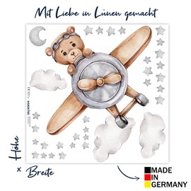WANDKIND V272 Bear in Flyer Wall Sticker Hand Drawn Nursery Wall Sticker Teddy Bear with Stars Teddy Plane Pilot (60 x 60 cm)