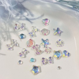 30pcs Aurora Nail Art Charms - Cute Bow Tie Design Nail Gems 3D Resin Nail Accessories Summer Star Shell Starfish Bubble Flower Nail Rhinestone Charms Aurora Gradient Nail Supplies for Manicure Decor