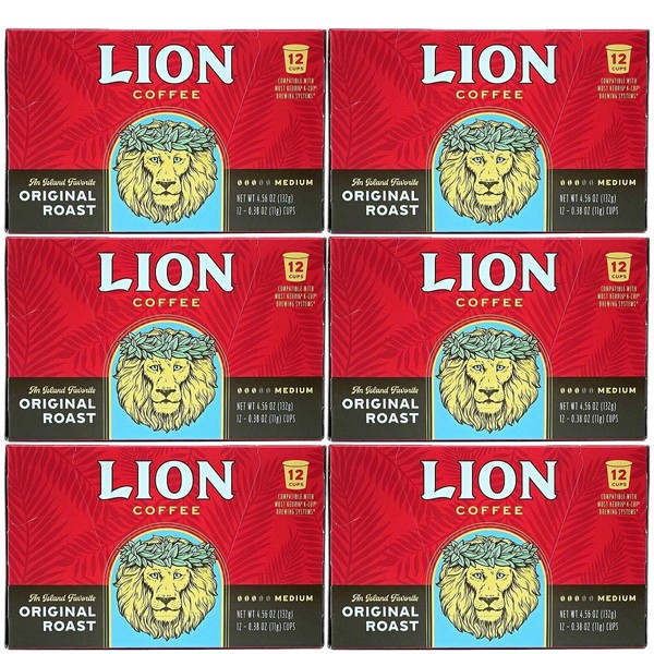 Lion Coffee Original Roast, Single-Serve Coffee Pods - 12 Count Box (Pack of Six)