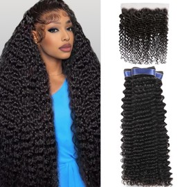 Human Hair Bundles with Frontal (20 20 20+18, Free Part) Deep Wave 3 Bundles with 13x4 HD Lace Frontal 100% Brazilian Raw Hair Extensions Sew in Curly Bundle Human Hair Water Wave Weave Natural Black