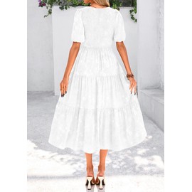 KIRUNDO Womens Summer Dresses Wedding Guest Floral Midi Sundress Short Puff Sleeve Flowy A Line Smocked Tiered Boho Dress(White, Large)