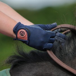 eGlove - eQUEST GripPro X-LITE Horse Riding Gloves - Lightweight, Breathable, Grippy Non-Slip Material - Comfort Mesh Back - Touchscreen Gloves (BLUE - ROSE GOLD GLITTER CUFF, XS)