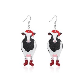 Pingyongchang Funny Cute Christmas Animal Boots Acrylic Earrings for Women Cartoon Kawaii Chicken Cow Dinosaur Dangle Drop Earrings Christmas Holiday Party Jewelry Gift-Black Cow