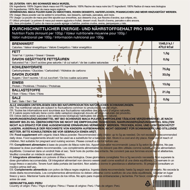 Organic Maca Powder Black from Peru (500 g), Ground Black