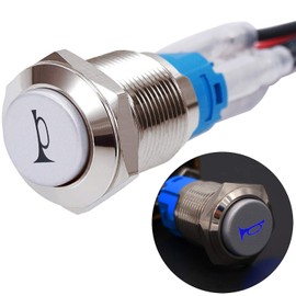 mxuteuk 16MM Raised Speaker Horn Momentary Push Button Switch 5/8" Mounting Hole 12V Blue Led Light Silver Stainless Steel Shell 1NO 1NC SPDT with Pre-wiring Wires Switch For Car Modification G16LB-BU