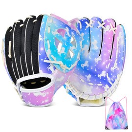 Kids Baseball Glove Softball Gloves for Girls, Baseball Mitts with Drawstring Bag, Teeball Gloves for Training and Beginner,Left Hand Gloves, Right Hand Throw (Blue & Purple Unicorn, 9")