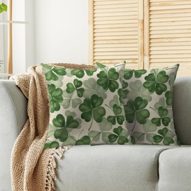 St Patricks Day Pillow Covers 18X18 Set of 2, Clover Print Saint Patrick's Dark Green Decorative Throw Pillow Covers Outdoor Farmhouse Holiday Shamrock Decoration Cushion Cases Couch Sofa Bed Decor