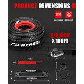 FIERYRED Synthetic Winch Rope 3/8 Inch100FT 23809Ibs Winch Line Cable Rope with Winch Hook Fairleads for 4WD Off Road Vehicle ATV UTV SUV