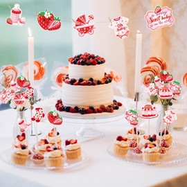 Hokinaa Strawberry Baby Shower Decorations - 24 Pcs A Berry Sweet Baby Is on The Way Centerpiece Sticks It's a Girl Gender Reveal Party Supplies Pink Red Fruit Table Toppers Decoration Set for Girls