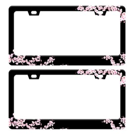 2pcs Cherry Blossoms License Plate Frame Beautiful Pink Flowers License Plate Frames Funny Auto Accessory Bracket Stainless Steel License Plate Cover for Women Men 6x12 Inch