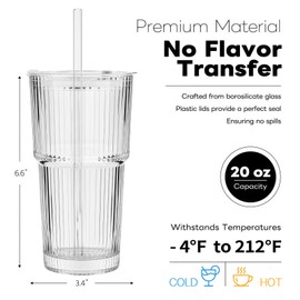 TUZAZO 20 Oz Ribbed Glass Tumblers with Lids and Straws - 4 Pack Glass Coffee Cups with Straws and Lids, Thicken Glass, Ideal for To Go Iced Coffee