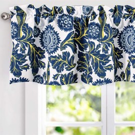 DriftAway - Cenefa de cortina con forro de hojas de flores con aislamiento térmico, ahorro de energía, para sala de estar, dormitorio, cocina, 2 capas, bolsillo para barra de 152 cm x 35,5 cm más cabecera de 5 cm, color azul marino