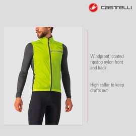 Castelli Men's Squadra Stretch Vest, Windproof Full Lenth Zip Shell with High Collar for Road and Gravel Biking I Cycling - Electric Lime/Dark Gray - XX-Large