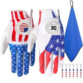 Golf Gloves Men Right Handed Golfer Left Hand Value 2 Pack, with 2 Ball Marker 1 Towel 6 USA Flag Golf Tees 3 1/4, Summer Breathable Glove Set for Mens (USA Flag, Large (Worn On Left Hand))
