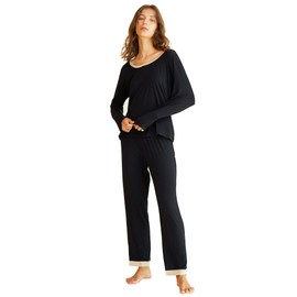 Latuza Women's Round Neck Sleepwear Long Sleeves Pajama Set S Black