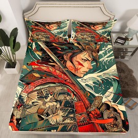 Erosebridal Samurai Twin Fitted Sheet Japanese Samurai Sword Bedding, Asian Oriental Style Bed Sheets Vintage Ocean Wave Bed Cover, Eastern Anime Bed Set (Deep Pocket)
