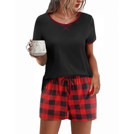 Ekouaer Women Pajama Set Casual Short Set Black and Red Plaid Medium