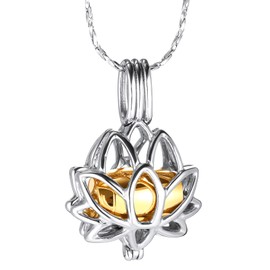INBLUE Lotus Flower Ashes Pendant with Mini Urn Locket Necklace for Women Customized Text Cremation Jewelry for Ashes Memorial Keepsakes for Ashes of Loved One (01 - Silver & Gold)