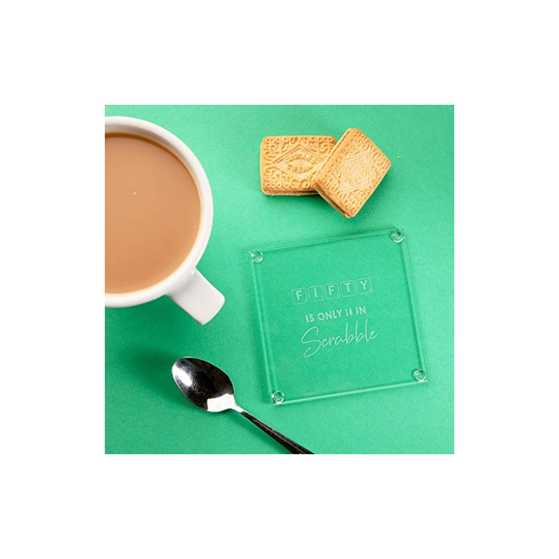 "Fifty Is Only 14 In Scrabble" Engraved Glass Coaster -