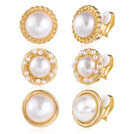 Gold Clip On Earrings, 3 Pairs Clip On Pearl Earrings Non Pierced 14k Gold Plated Dainty Earrings Set Small Clip On Earrings for Women Girls