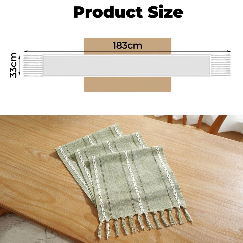 1 Green Table Runner, Linen Table Runner, Hollow Tassel Table