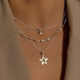 Cimenexe Bohemian Layered Star Choker Necklace Silver Hollow Star Pendant Necklace Multi Layered Star Necklace Minimalist Star Chain Necklace Jewelry for Women and Girls Gifts