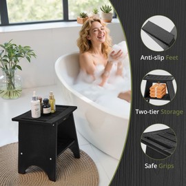 Raccoon Forest Heavy Duty Shower Bench, Waterproof Bath Seat with 500lb Capacity, 2-Tier Storage Shelf, Stylish Bathroom Stool with Non-Slip Feet for Indoor/Outdoor Use, Black