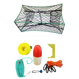 KUFA Galvanized Foldable Crab Trap & Accessory Kit (100' Poly Rope with line Weight, Caliper,Harness,Bait Bag & 11" Red/White Float) S33+CAP17